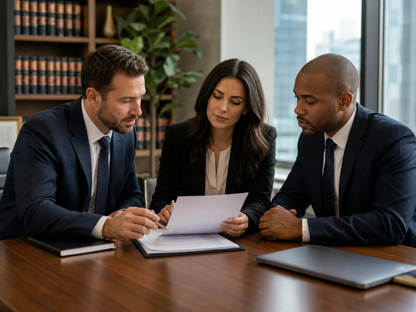 Lawyers in suits reviewing accident case documents